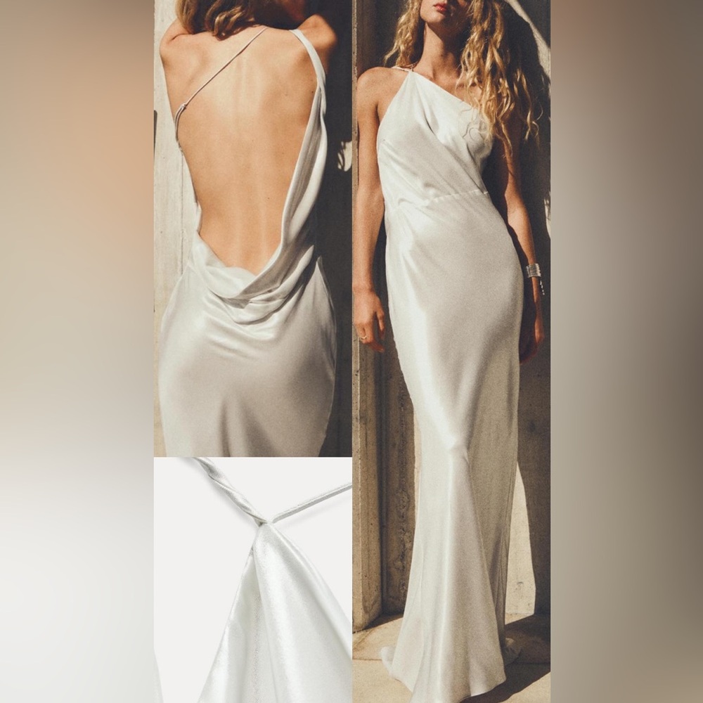 Elegant White Satin Foil Silver Evening Dress